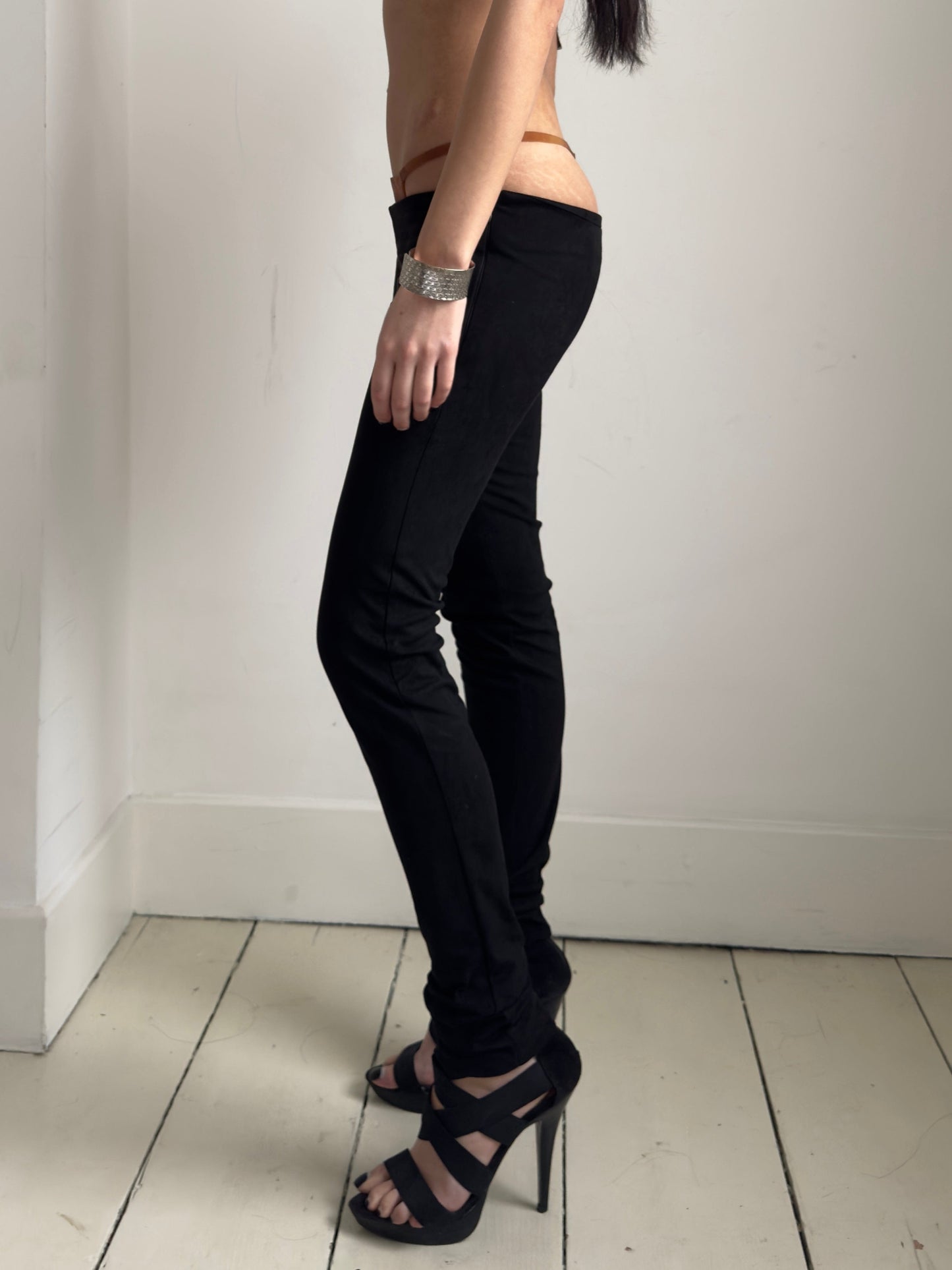 Black Faux Suede Low Rise Pants-Jaoka Jaokha-APOC STORE