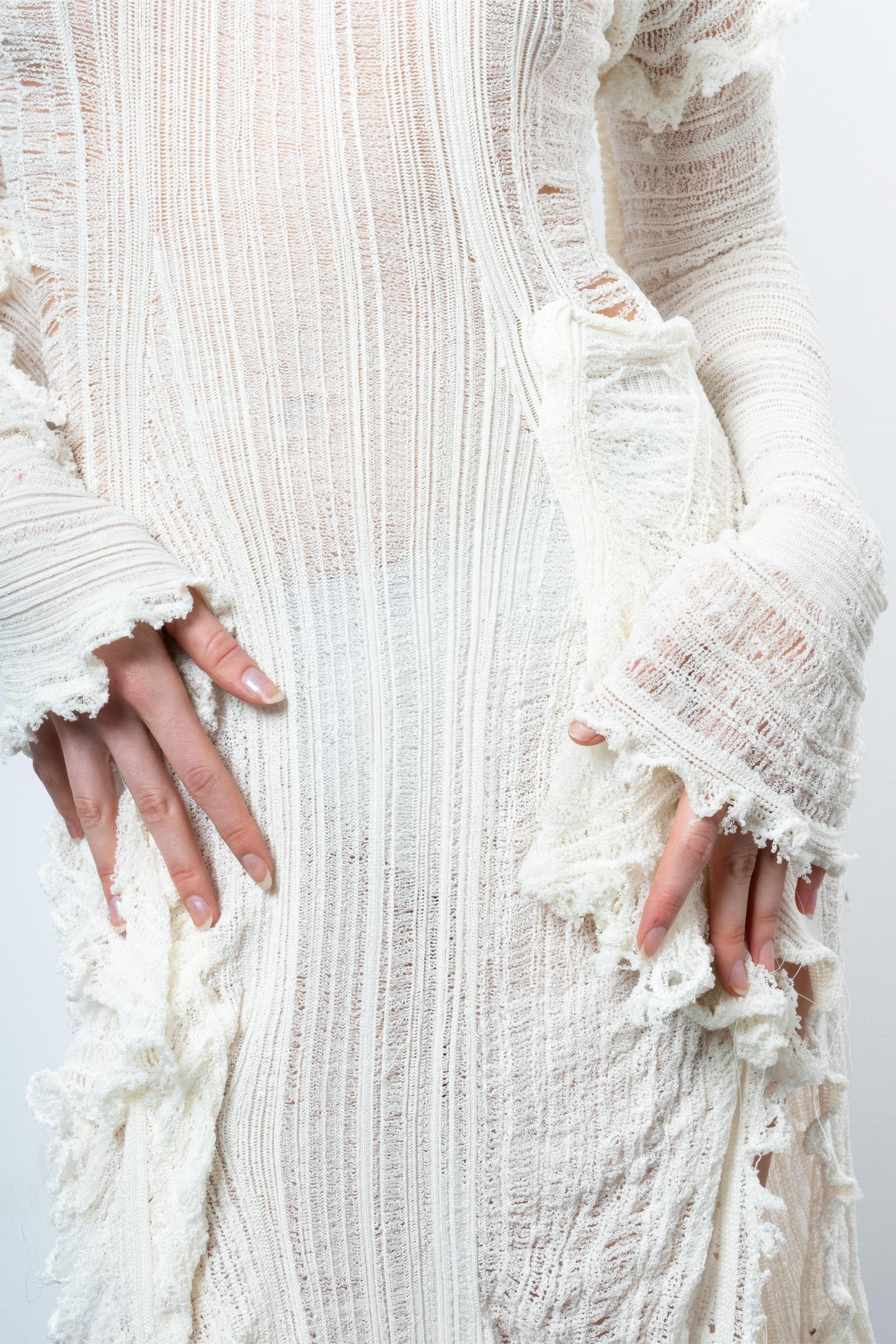 DISTRESSED OFF-WHITE DRESS LONG SLEEVE-VÊTEMENT FRAGILE-APOC STORE