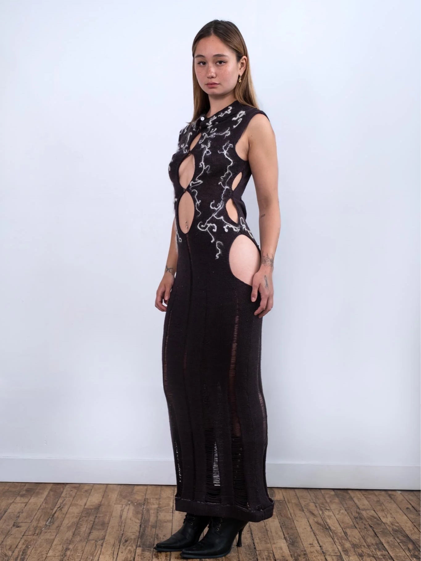 Black Lighting Cut-Out Felted Maxi Dress-GRACE GUI-APOC STORE