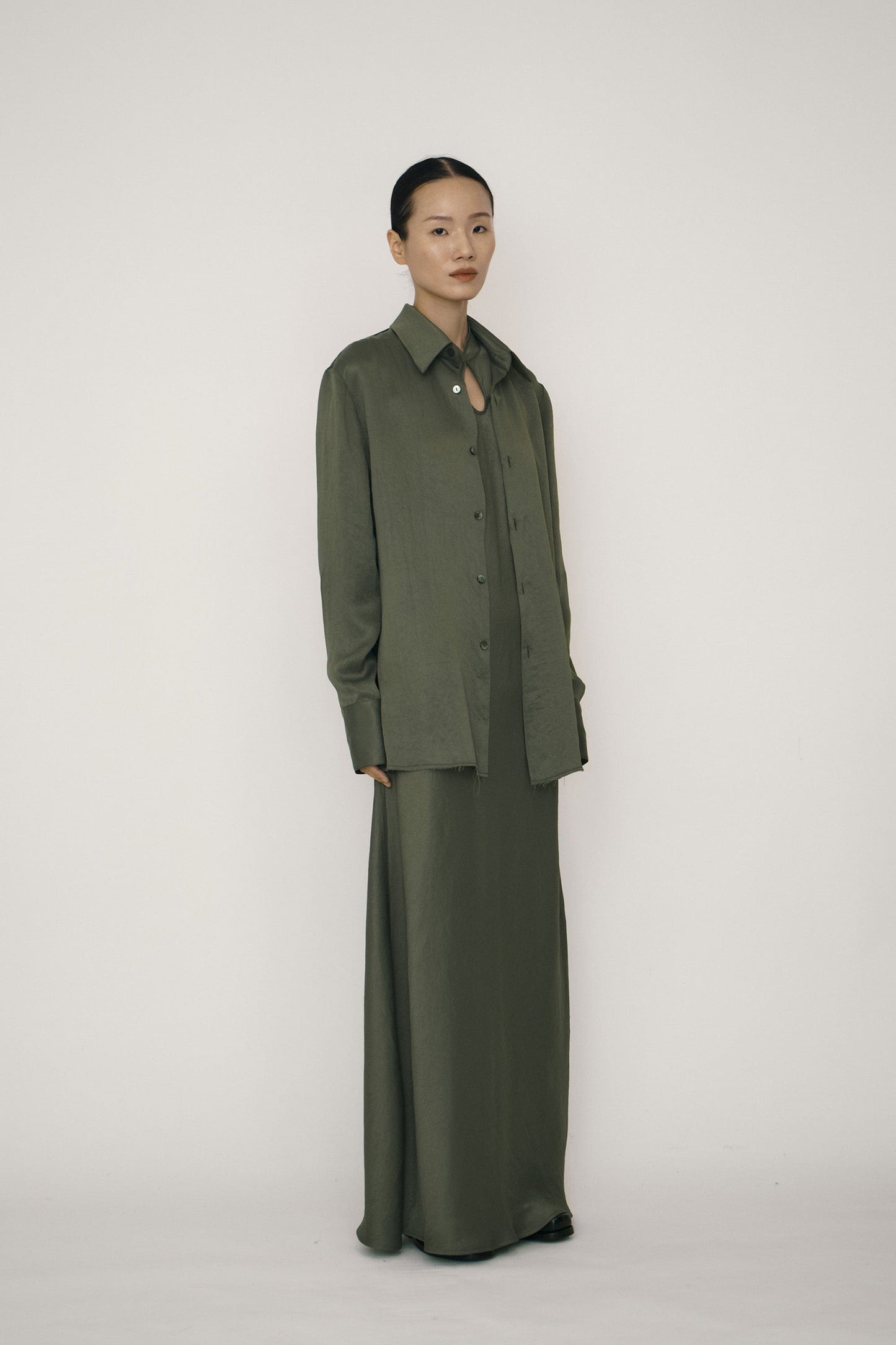 Green Satin Mandarin Collar Bias-Cut Dress-arc us arkus-APOC STORE