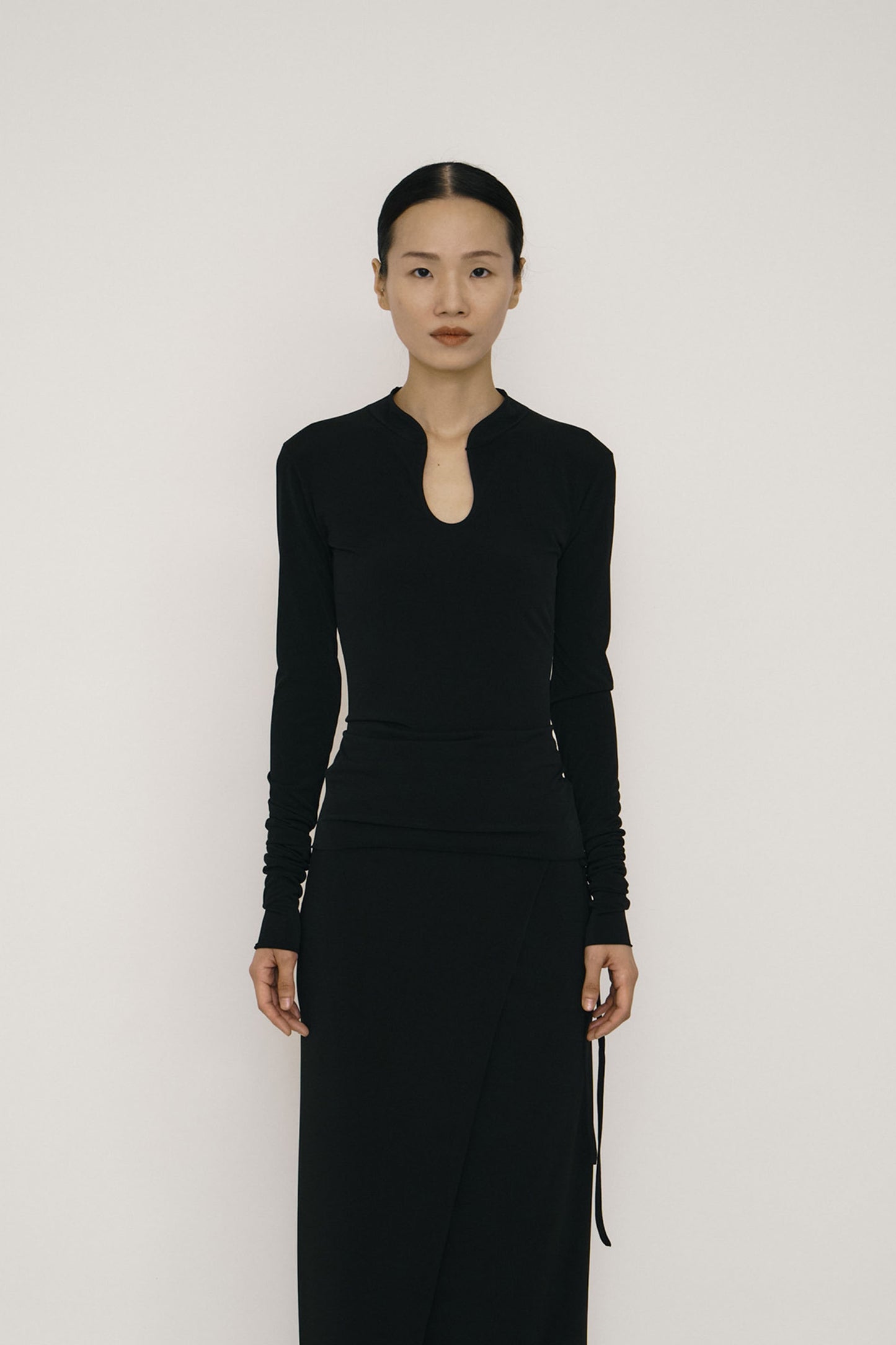 Black Skinny Long-Sleeve Mandarin Collar Top-arc us arkus-APOC STORE