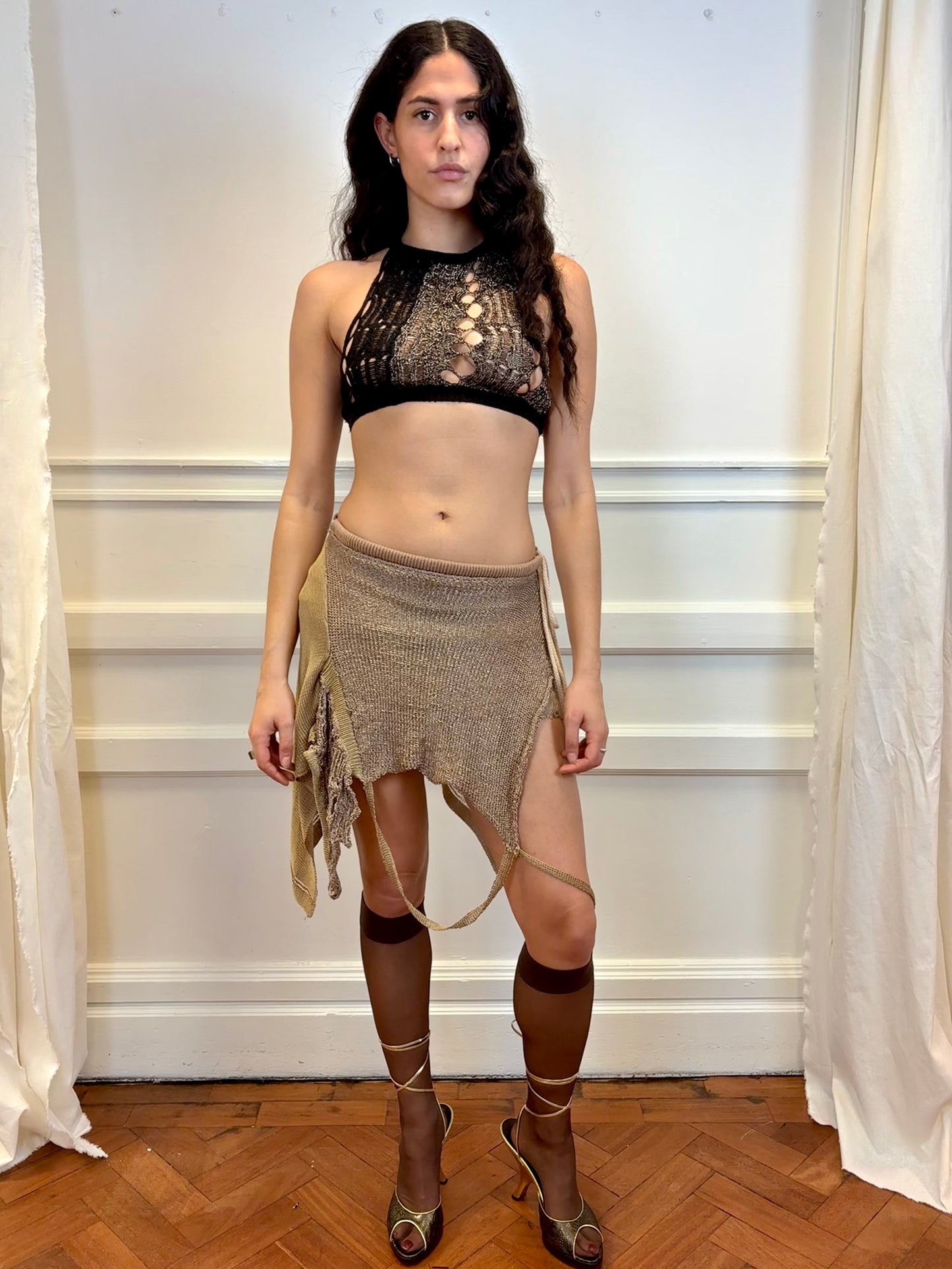 GOLD LAYERED KNIT SKIRT-Sania Parvez-APOC STORE