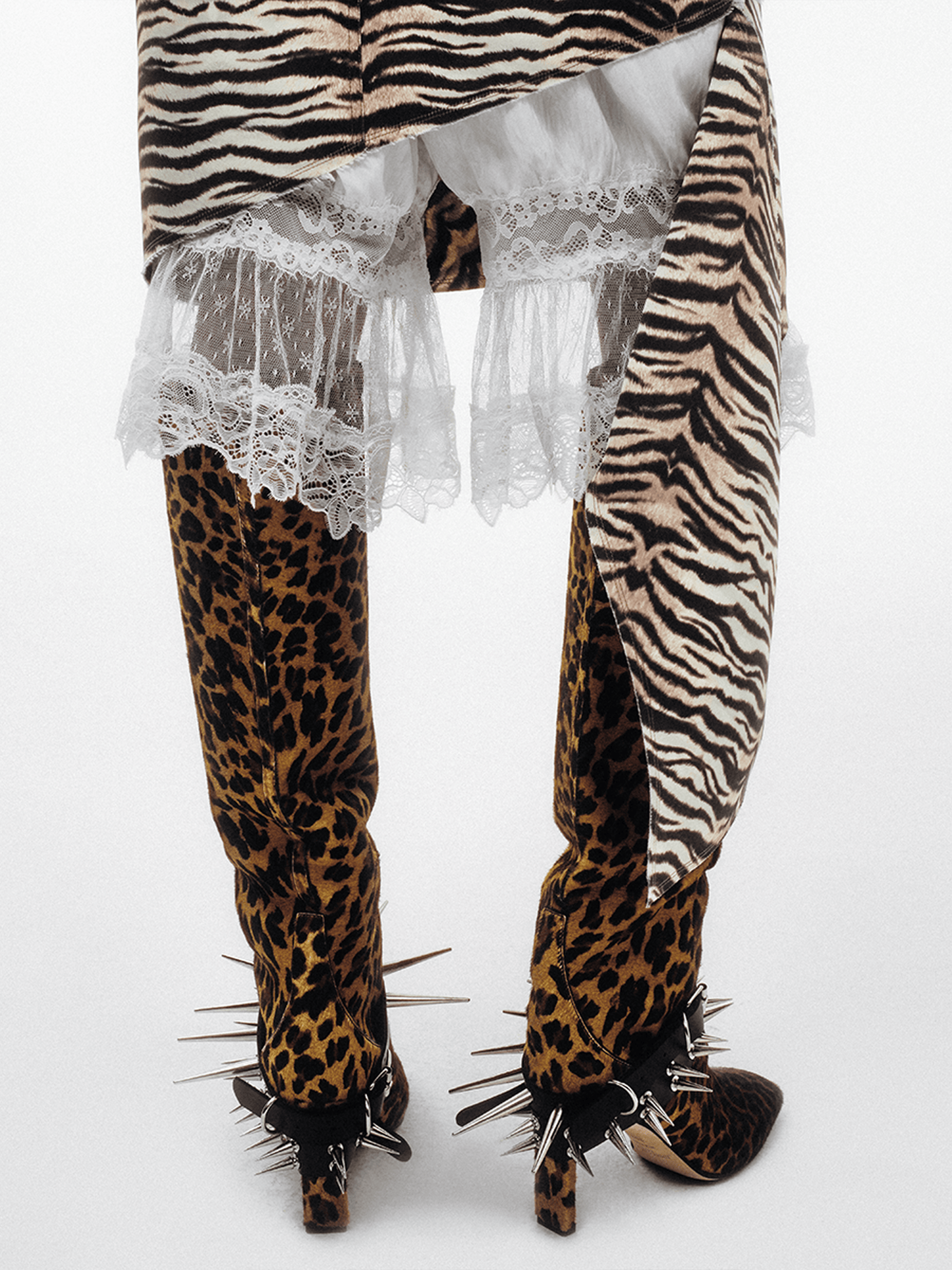 Raw-finish Tiger-print Satin Skirt with Lace Underlayer Pants-TRINITE Studio-APOC STORE