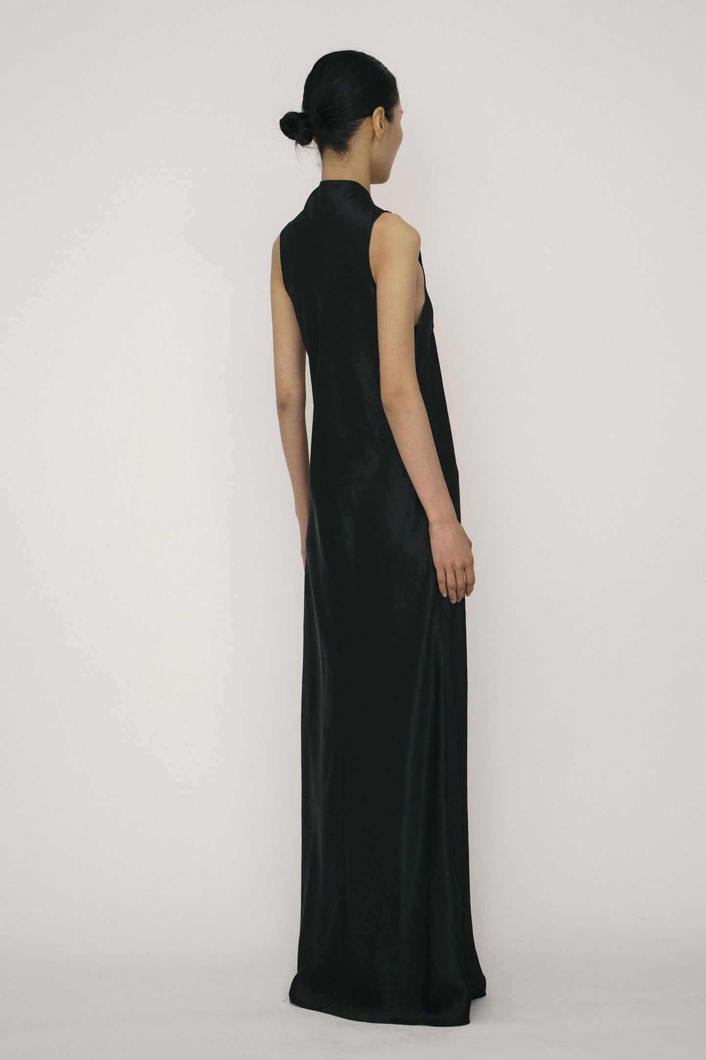 Black Satin Mandarin Collar Bias-Cut Dress-arc us arkus-APOC STORE