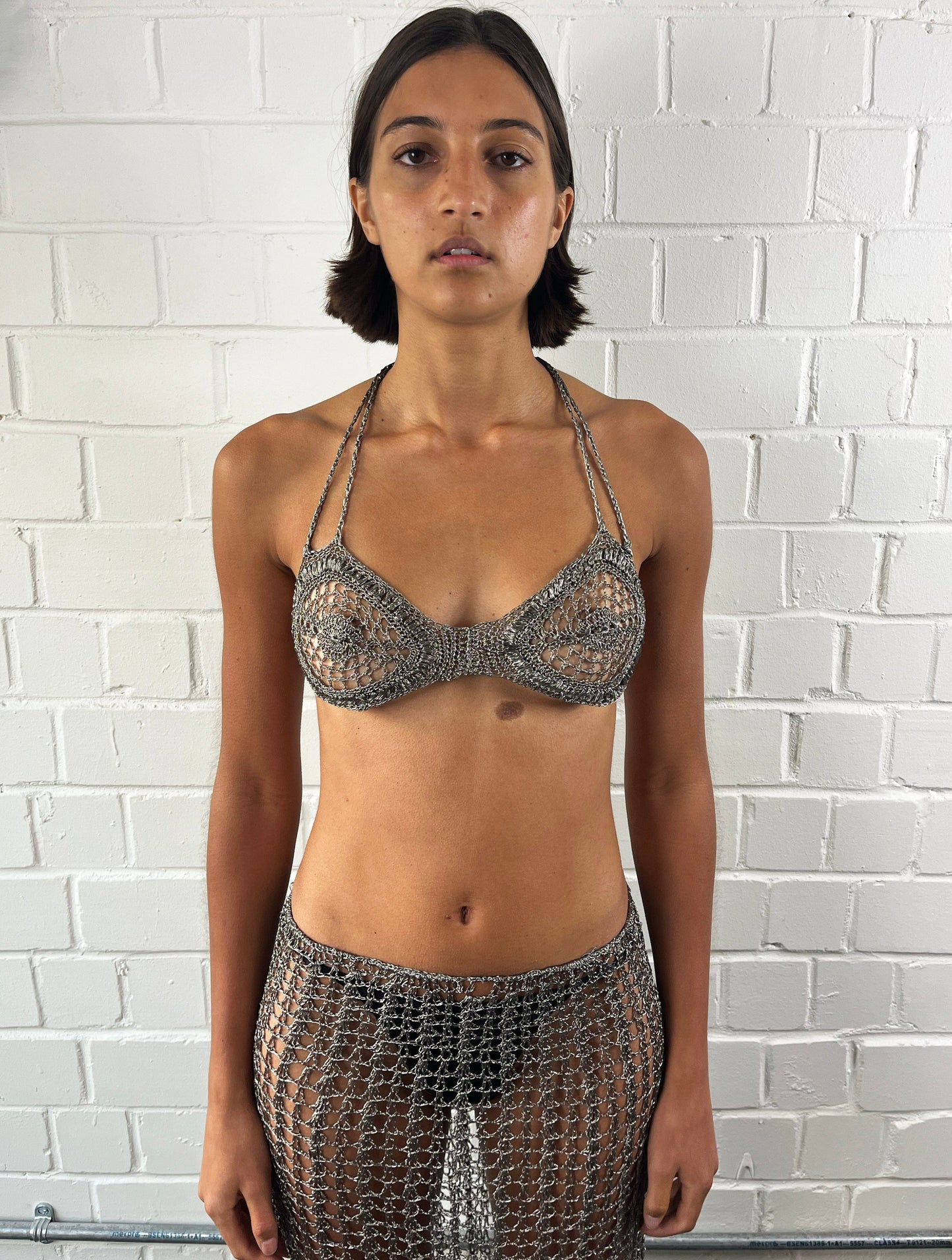 Handmade metallic open crochet bralette-Raquel de Carvalho-APOC STORE