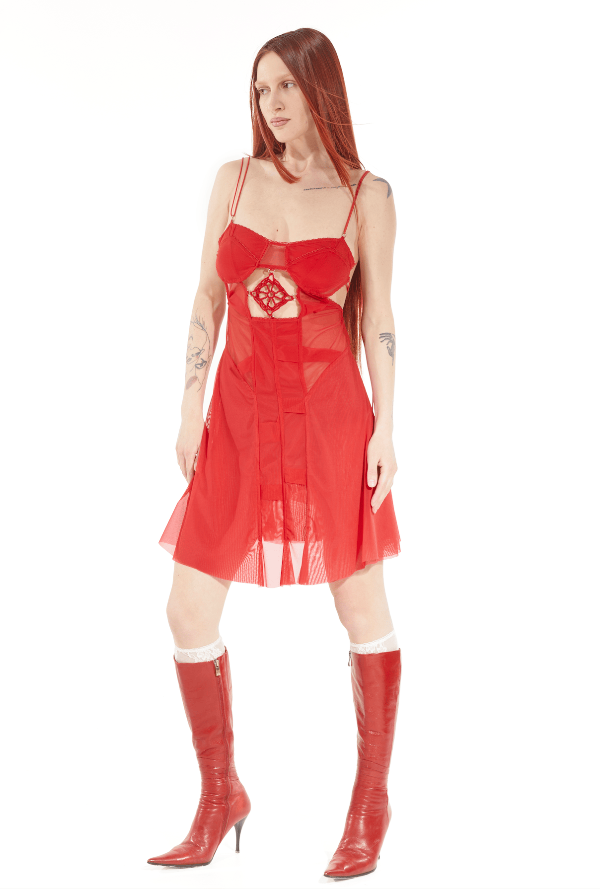 Mesh dress with crochet detail red-Nastyamasha-APOC STORE