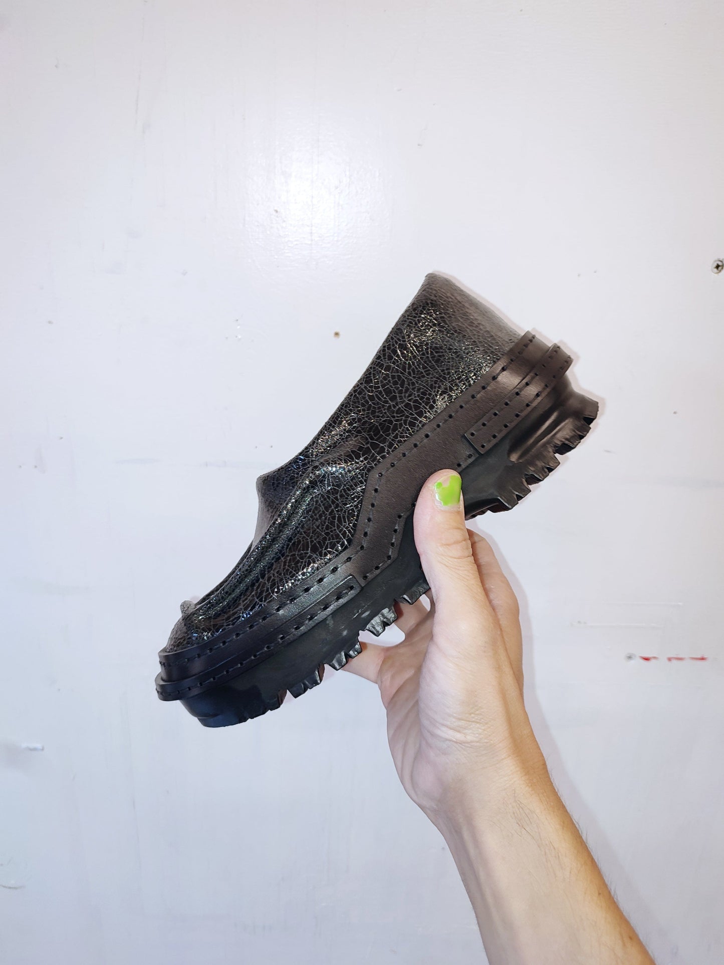 Cracked Black Patent Moccasins-Hernán Guardamagna-APOC STORE