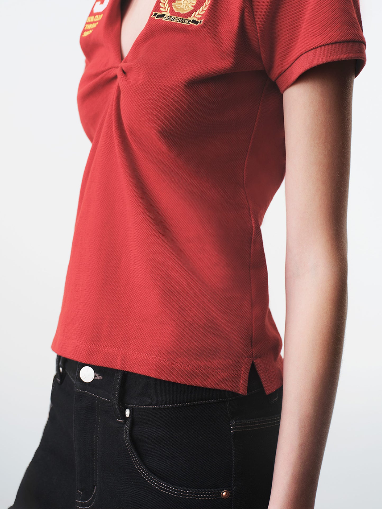 Red Knotted Deconstructed Polo Top-TRINITE Studio-APOC STORE