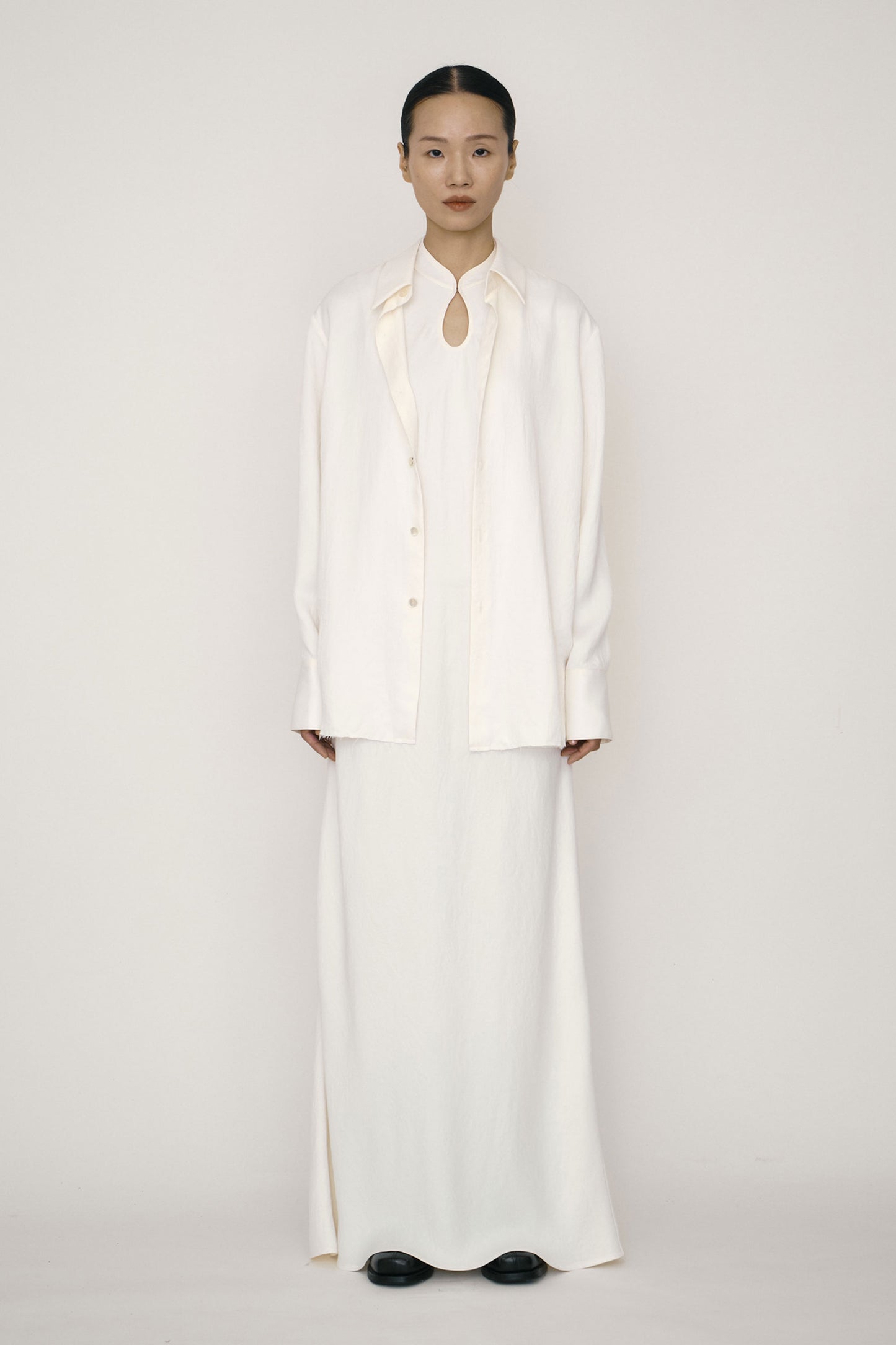 White Satin Mandarin Collar Bias-Cut Dress-arc us arkus-APOC STORE