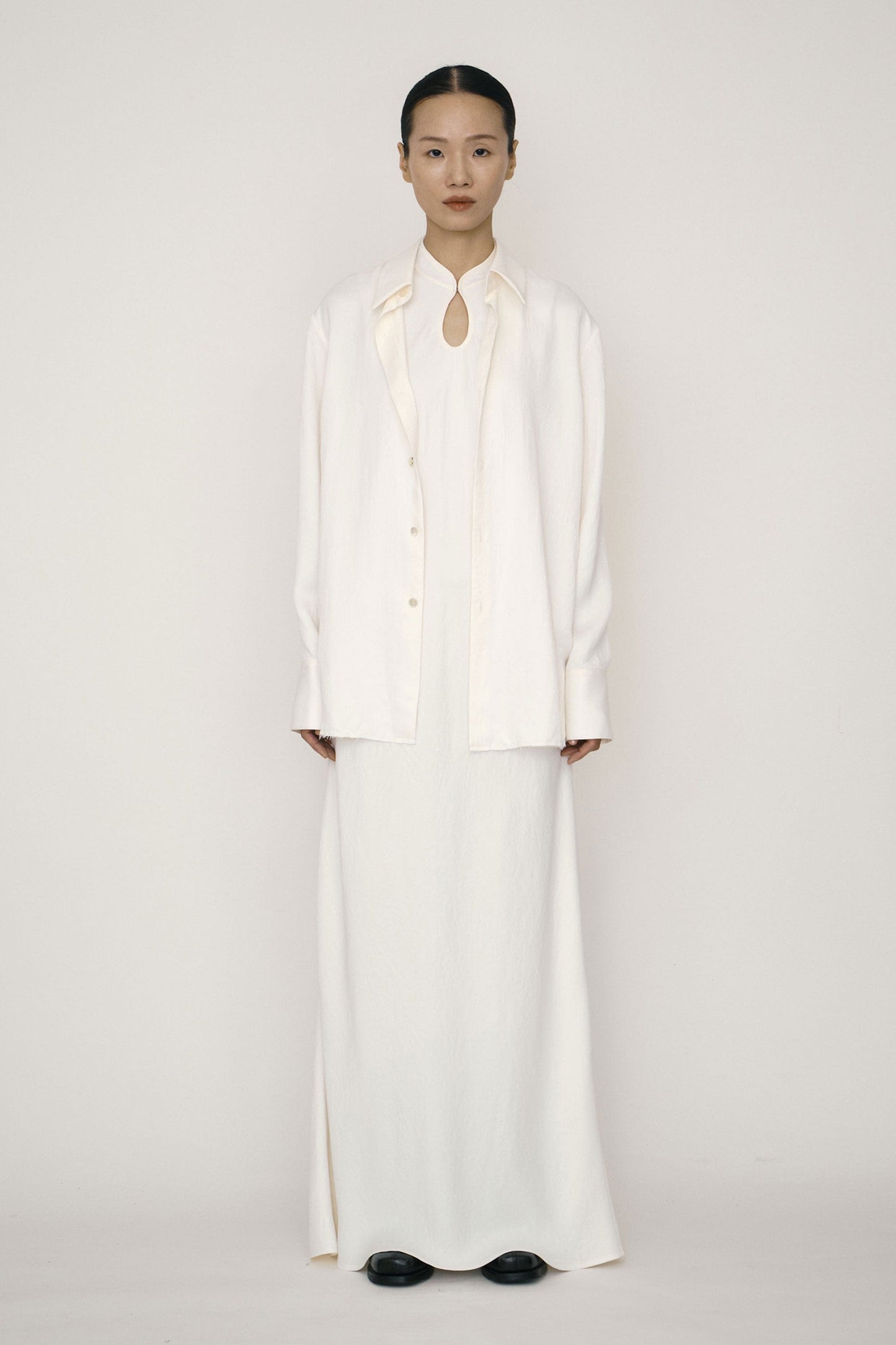 White Satin Mandarin Collar Bias-Cut Dress-arc us arkus-APOC STORE