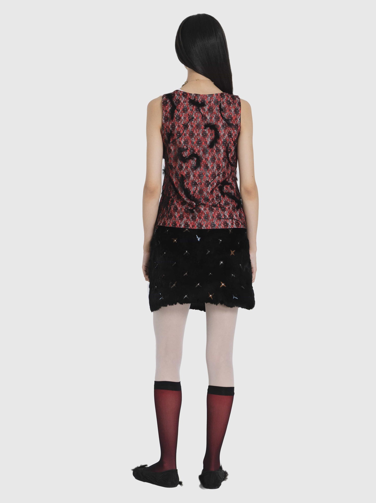 Lace Top with Fur Embellishments-Nensi Avetisian-APOC STORE
