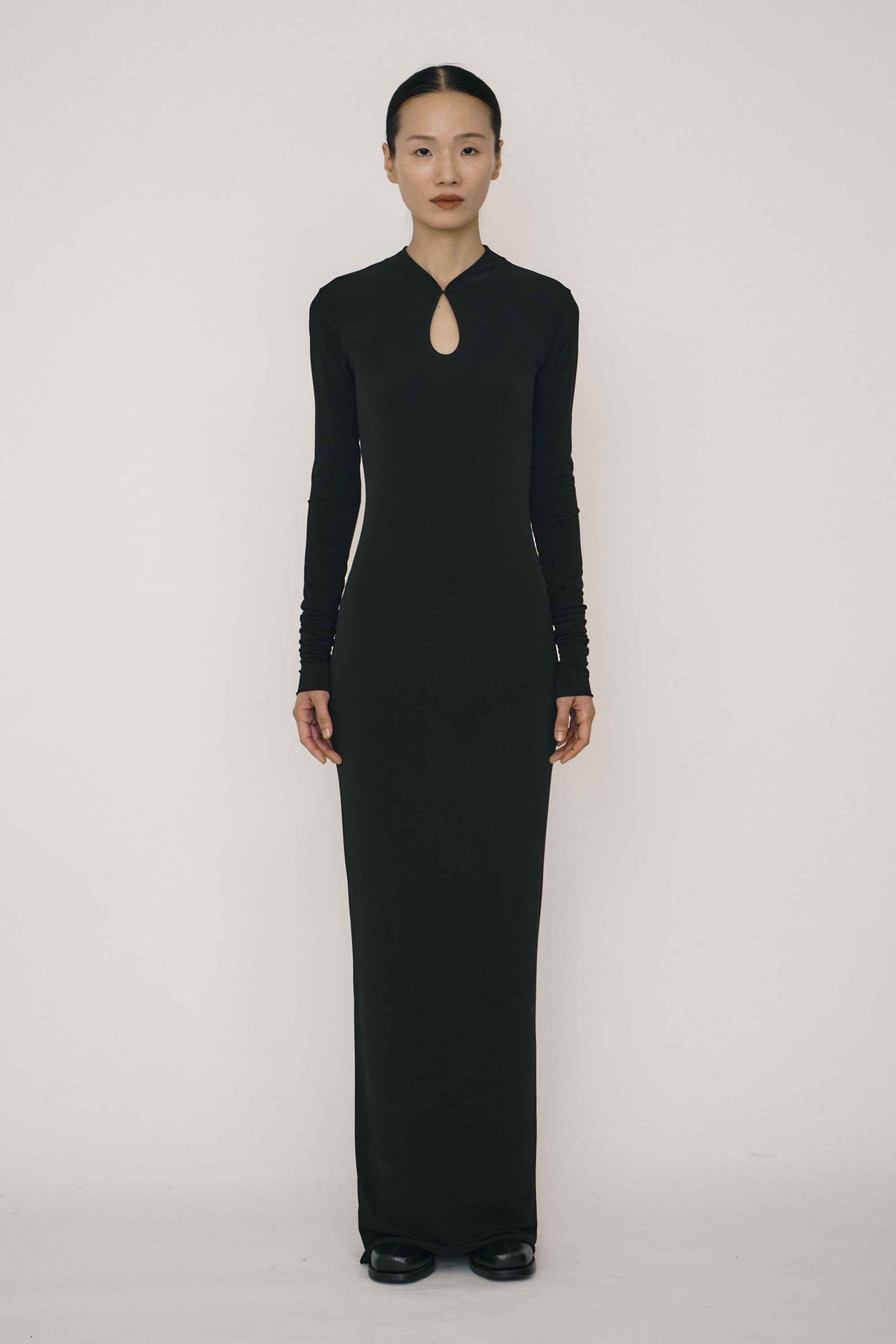 Black Skinny Long-Sleeve Mandarin Collar Maxi Dress – APOC STORE