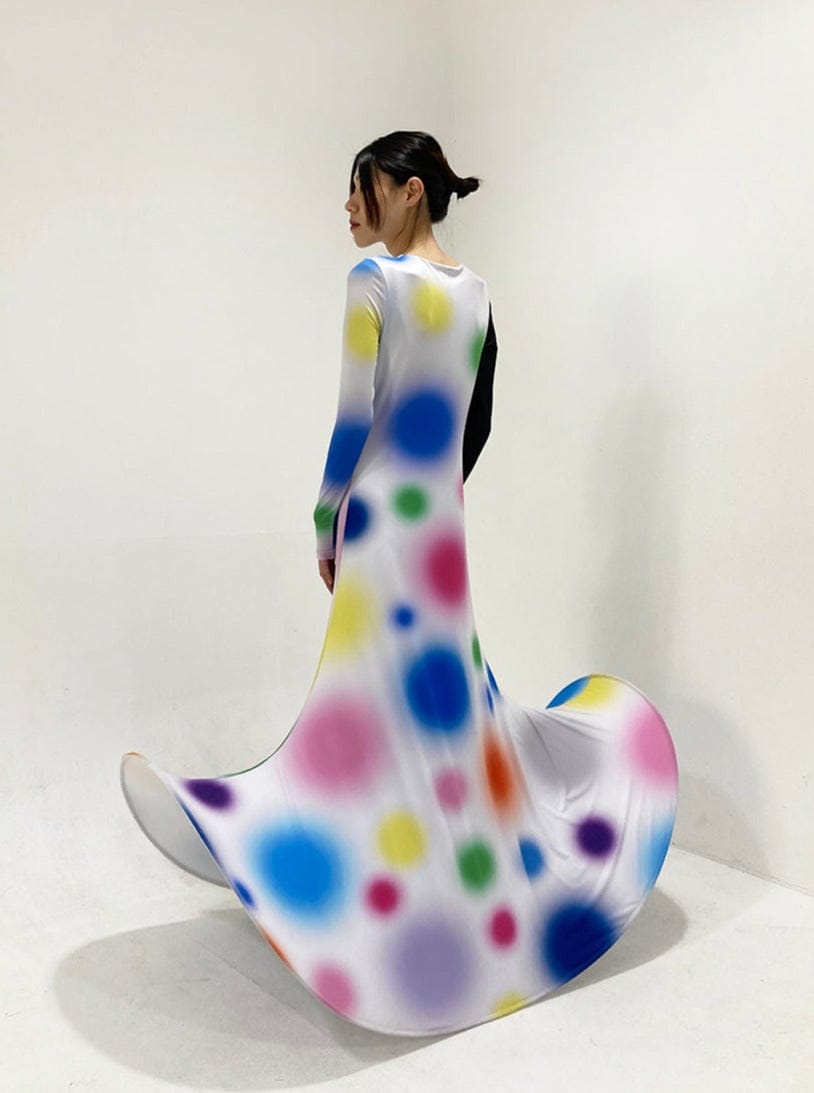 Multi Gradient Dot Printed Dress with Black Sleeve Contrast-Sun Woo-APOC STORE