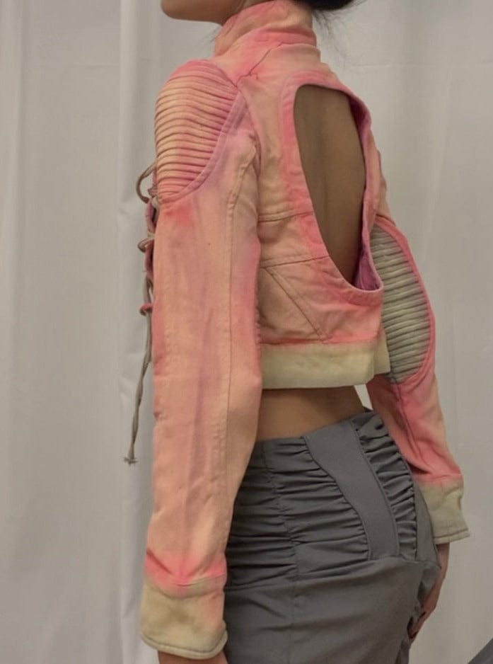 Spray painted pink and gray cropped denim jacket-YINGLIN-APOC STORE