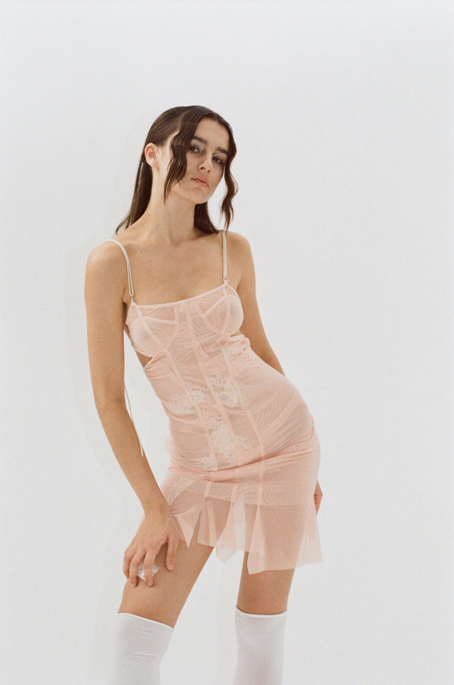 Mesh draped dress with corset back and lace details-Nastyamasha-APOC STORE