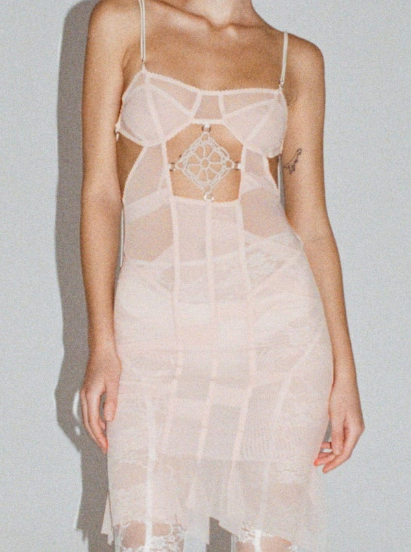 Draped dress with crochet detail beige-Nastyamasha-APOC STORE