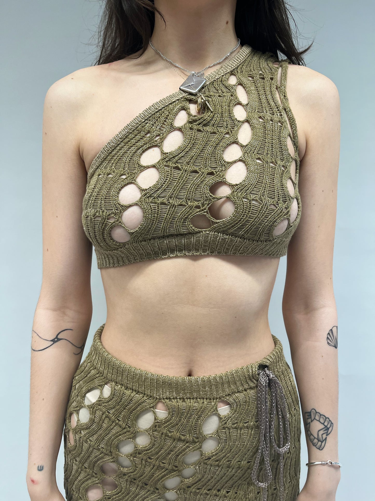ASYMMETRIC KHAKI KNIT MESH TOP-Sania Parvez-APOC STORE