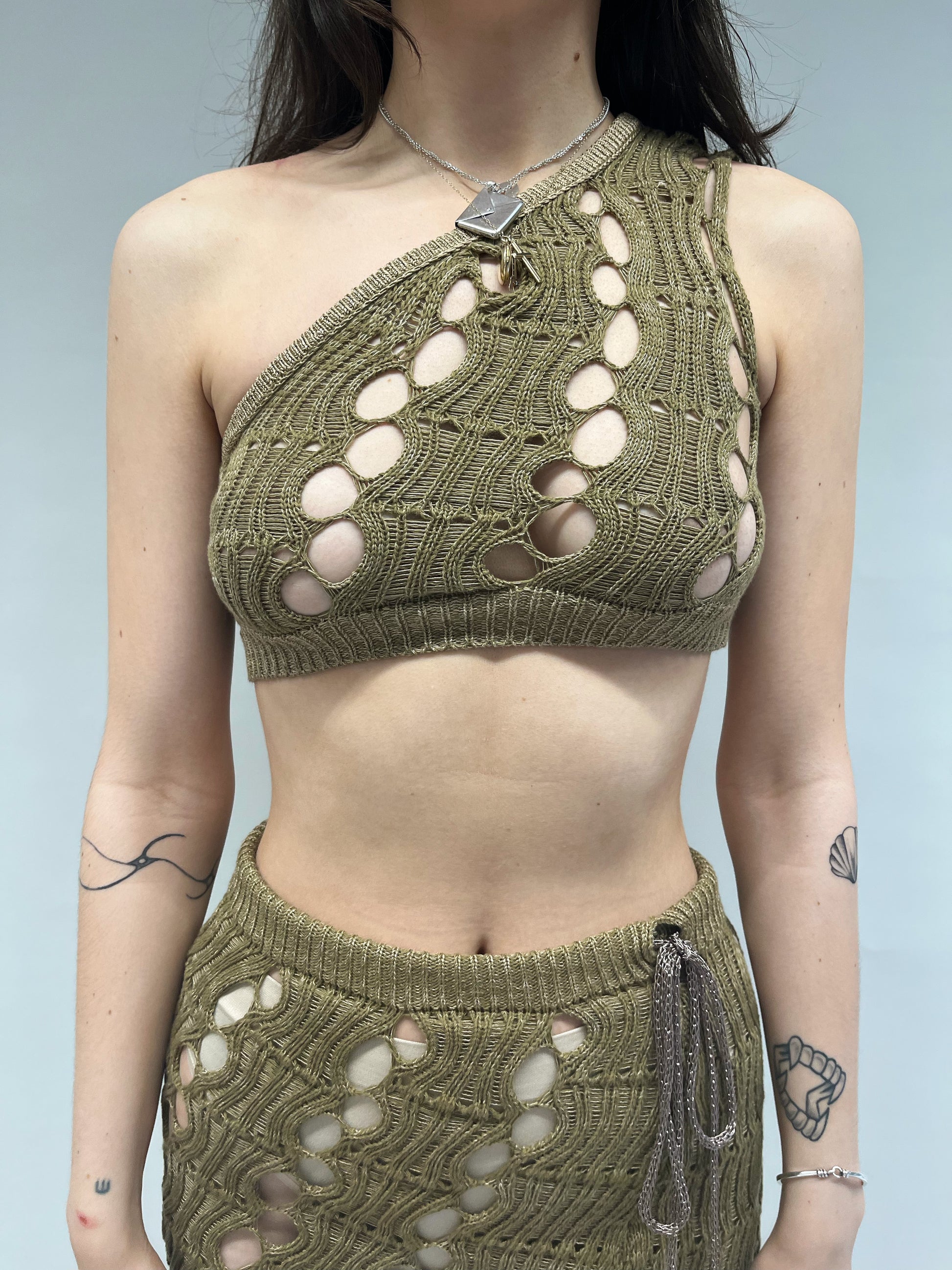 ASYMMETRIC KHAKI KNIT MESH TOP-Sania Parvez-APOC STORE