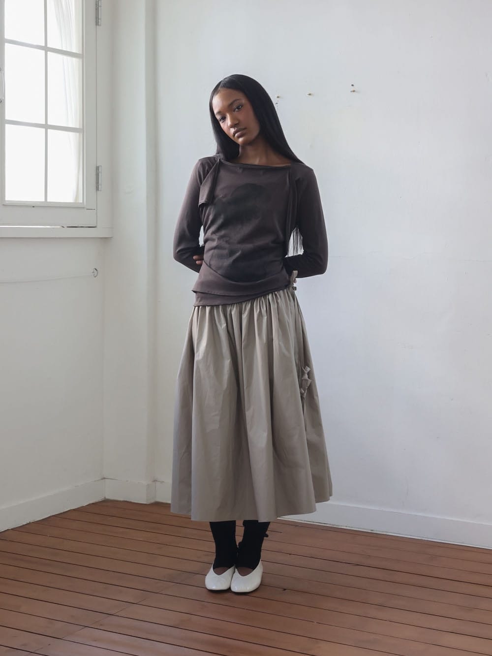 Coated Cotton Gathered Skirt -Beige-Julye Han-APOC STORE