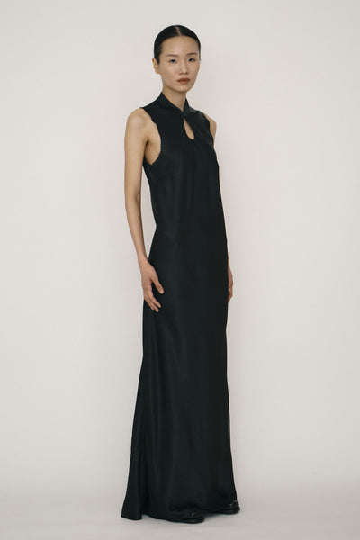 Black Satin Mandarin Collar Bias-Cut Dress-arc us arkus-APOC STORE