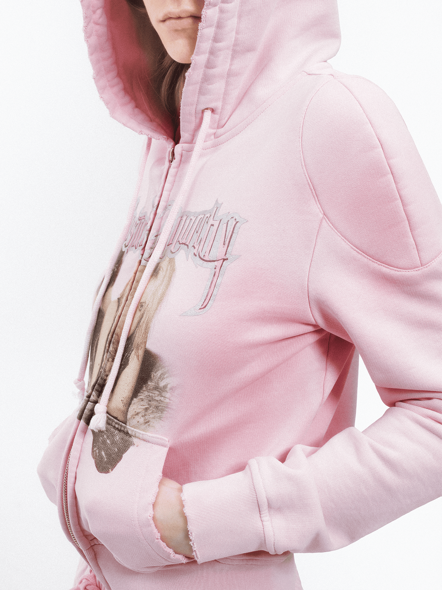 Pink Printing Decorative Zip Hoodie-TRINITE Studio-APOC STORE