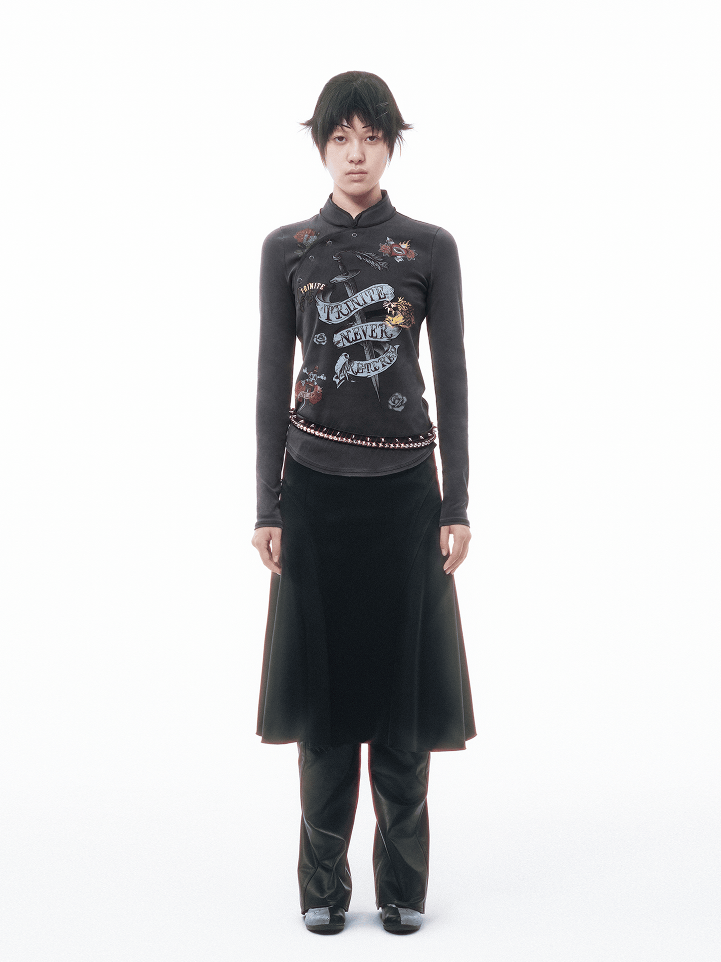 Black Old School Printed Chinese Style Long Sleeve Top-TRINITE Studio-APOC STORE