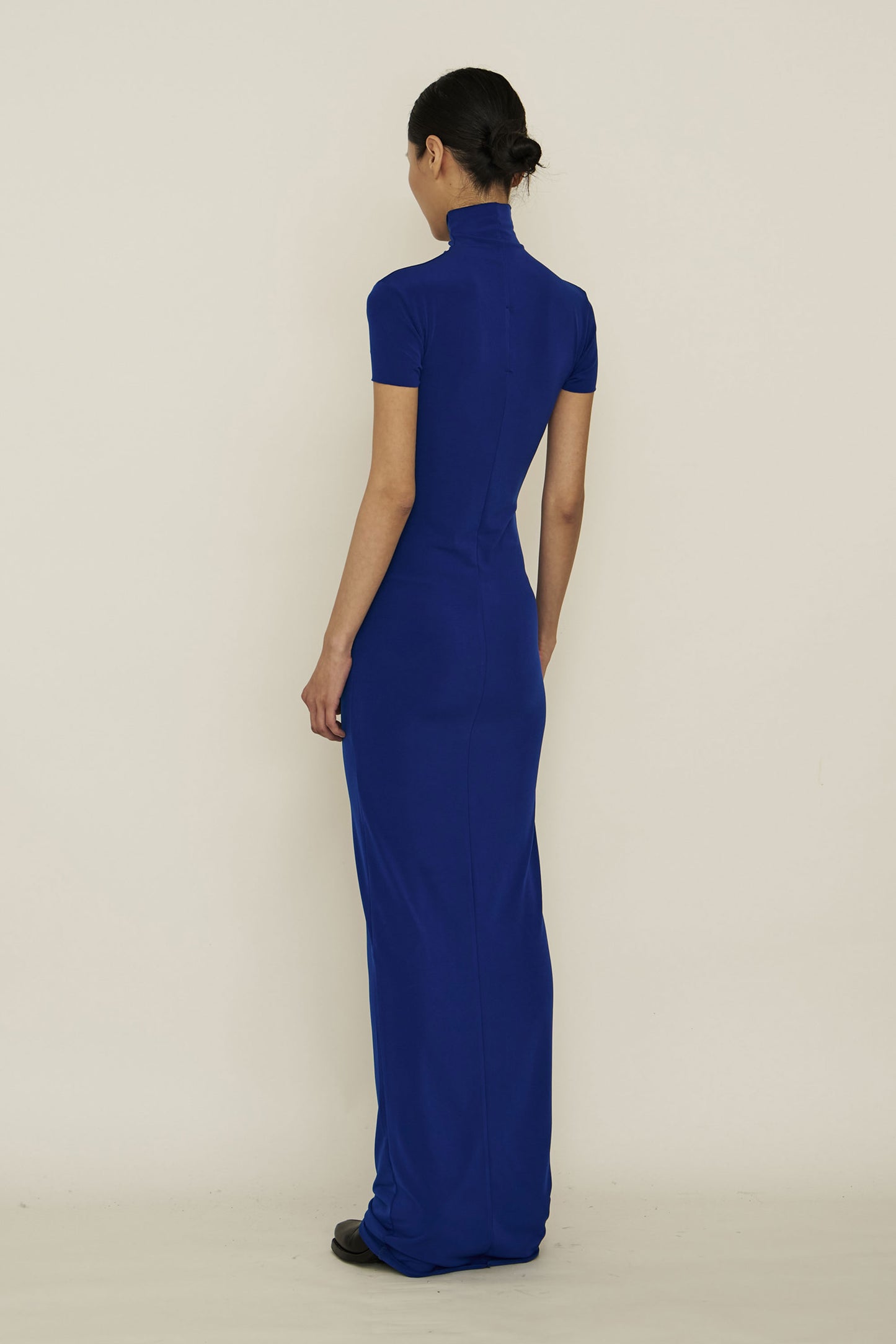 Blue Skinny High Neck Short-Sleeve Maxi Dress-arc us arkus-APOC STORE