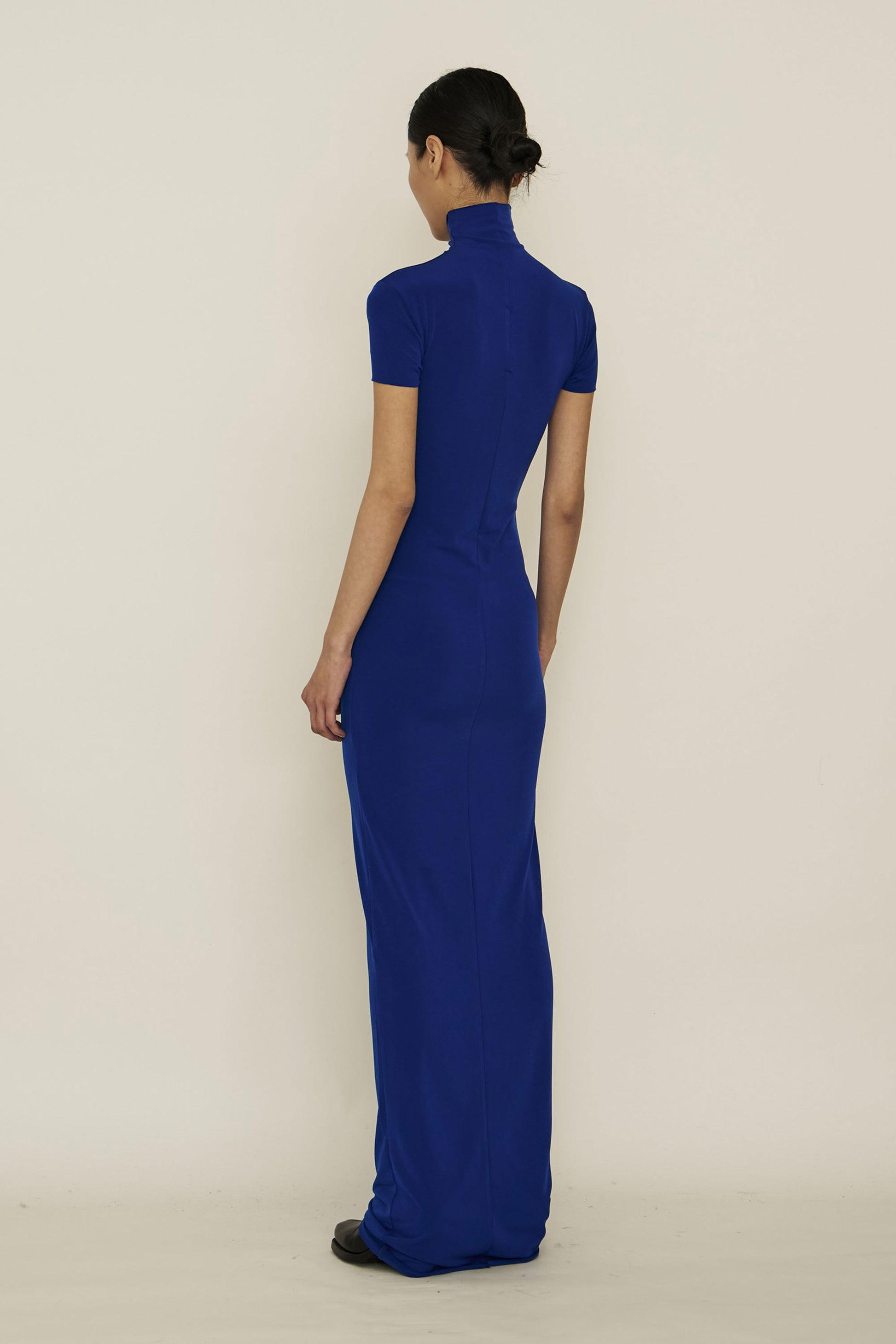 Blue Skinny High Neck Short-Sleeve Maxi Dress-arc us arkus-APOC STORE