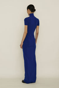 Blue Skinny High Neck Short-Sleeve Maxi Dress-arc us arkus-APOC STORE