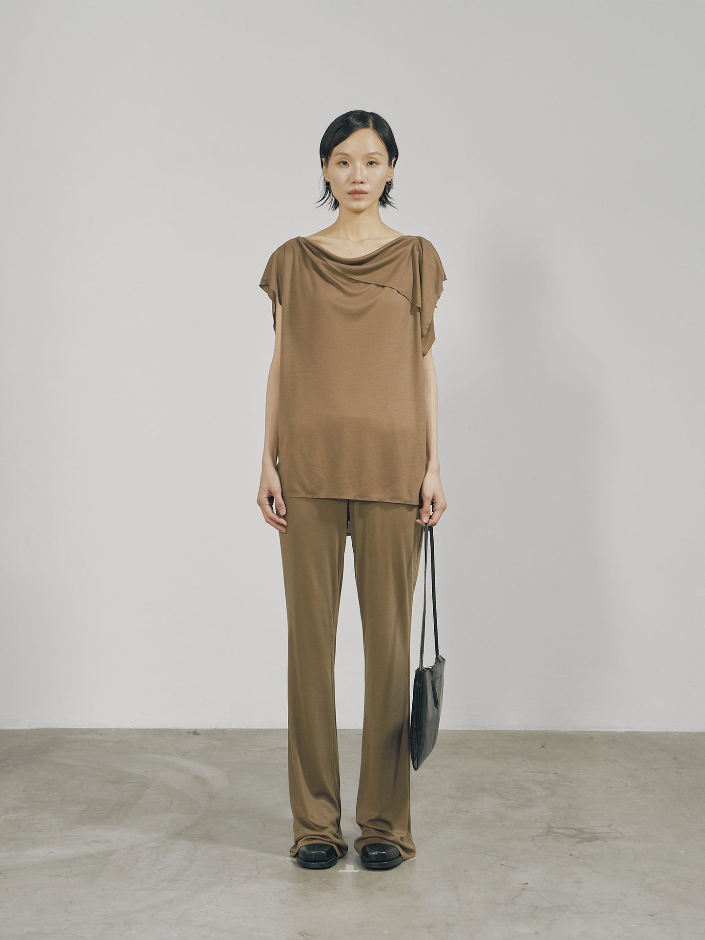 Khaki Tencel Jersey Raw Edge Asymmetric Cutting Top-arc us arkus-APOC STORE