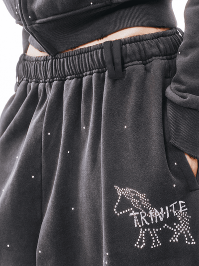 Dark Grey Metal Rivet&Printing Decorative Loose Nine-point Sport Pants-TRINITE Studio-APOC STORE