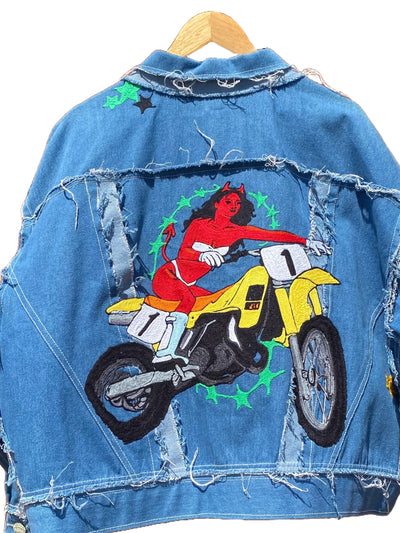 Moto Devil: Handmade Chainstitch Deconstructed Denim Jacket-Jetpack Hom(m)e-APOC STORE