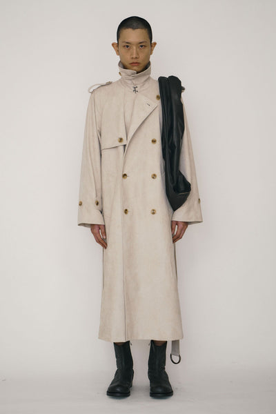 Khaki Faux-Suede Double-breasted Raglan Trench Coat-arc us arkus-APOC STORE