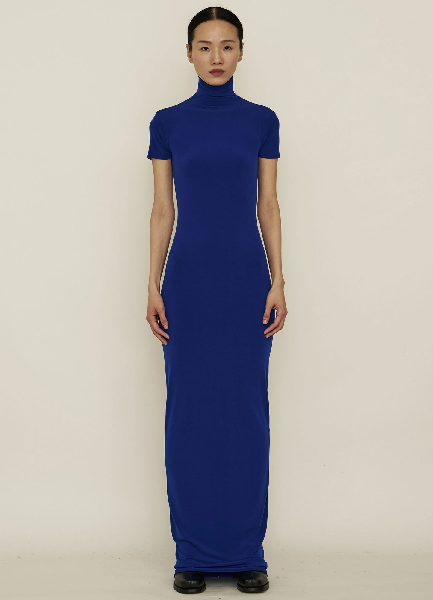 Blue Skinny High Neck Short-Sleeve Maxi Dress-arc us arkus-APOC STORE