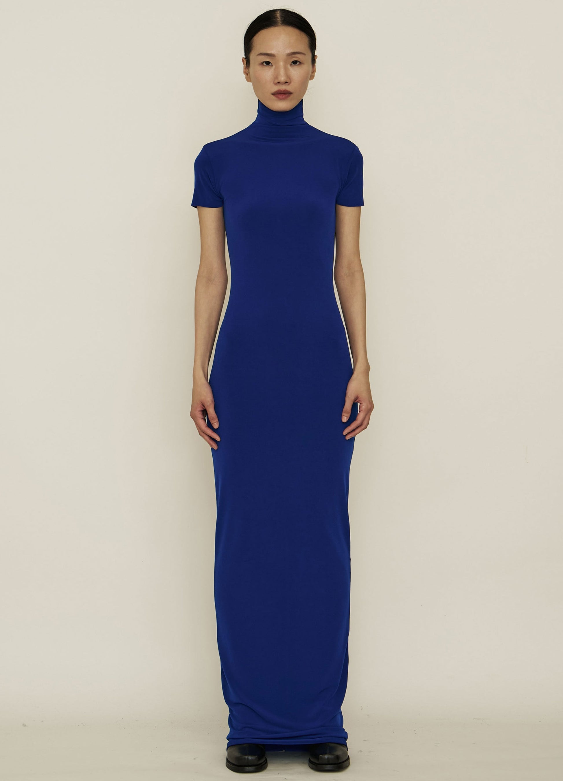 Blue Skinny High Neck Short-Sleeve Maxi Dress-arc us arkus-APOC STORE