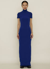 Blue Skinny High Neck Short-Sleeve Maxi Dress-arc us arkus-APOC STORE