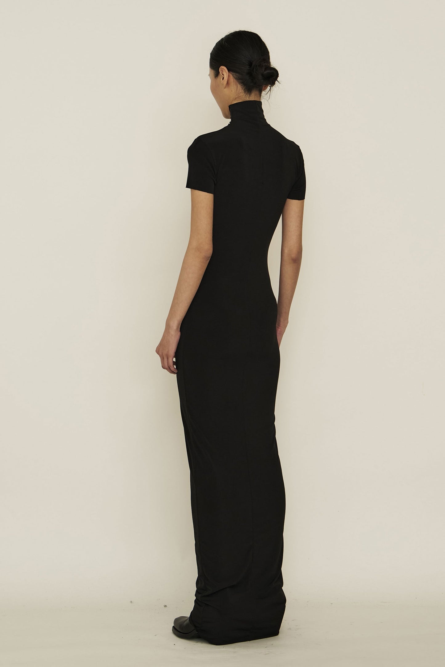 Black Skinny High Neck Short-Sleeve Maxi Dress-arc us arkus-APOC STORE