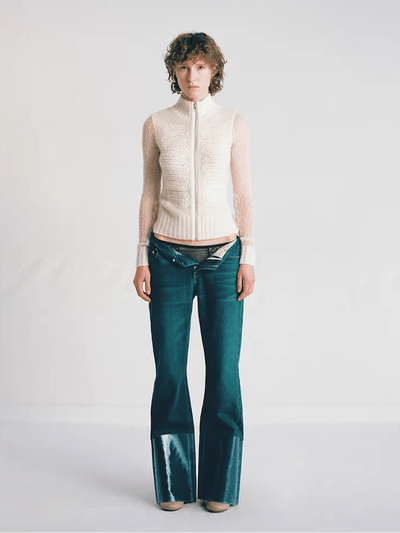 White Embossed Floral Turtleneck Fitted Cashmere Cardigan-TRINITE Studio-APOC STORE