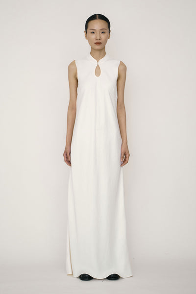 White Satin Mandarin Collar Bias-Cut Dress-arc us arkus-APOC STORE