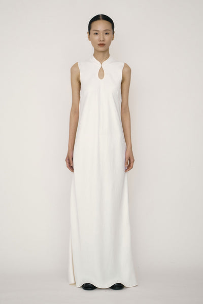 White Satin Mandarin Collar Bias-Cut Dress – APOC STORE