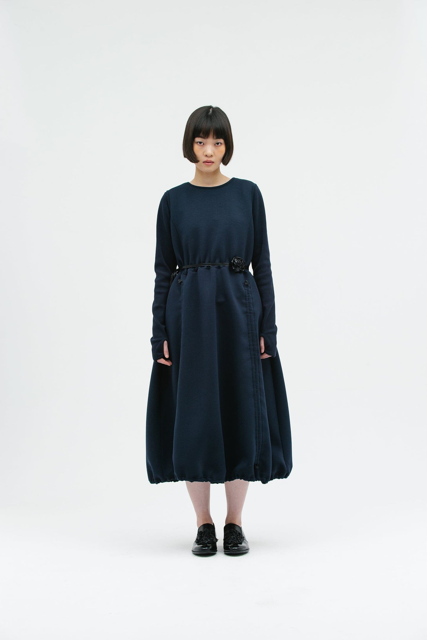 JERSEY SHIRRING DRESS NAVY-SAENGIN STUDIOS-APOC STORE