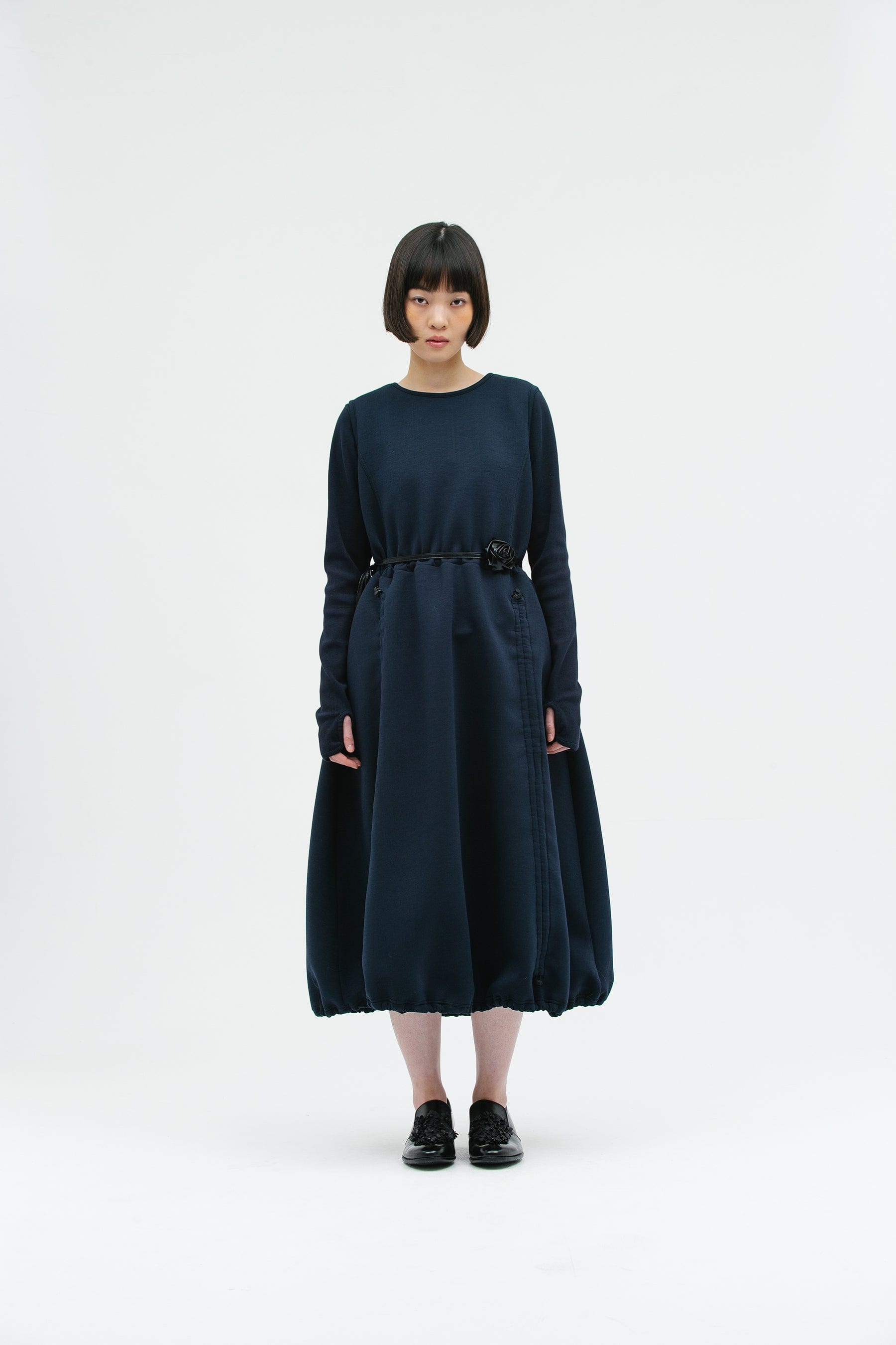 JERSEY SHIRRING DRESS NAVY-SAENGIN STUDIOS-APOC STORE