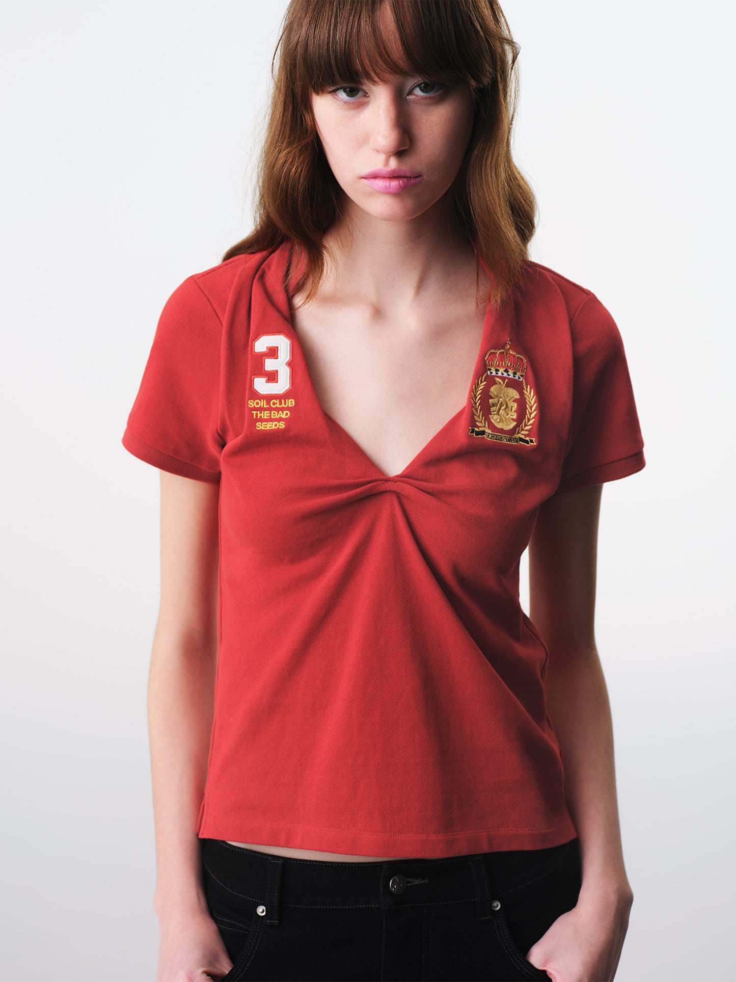 Red Knotted Deconstructed Polo Top-TRINITE Studio-APOC STORE