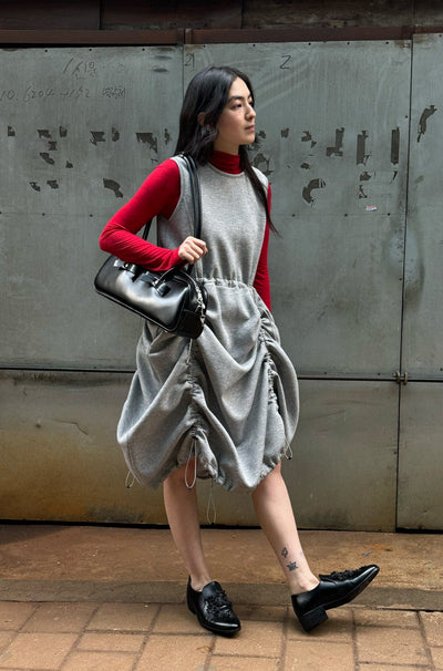 JERSEY SHIRRING DRESS GRAY-SAENGIN STUDIOS-APOC STORE