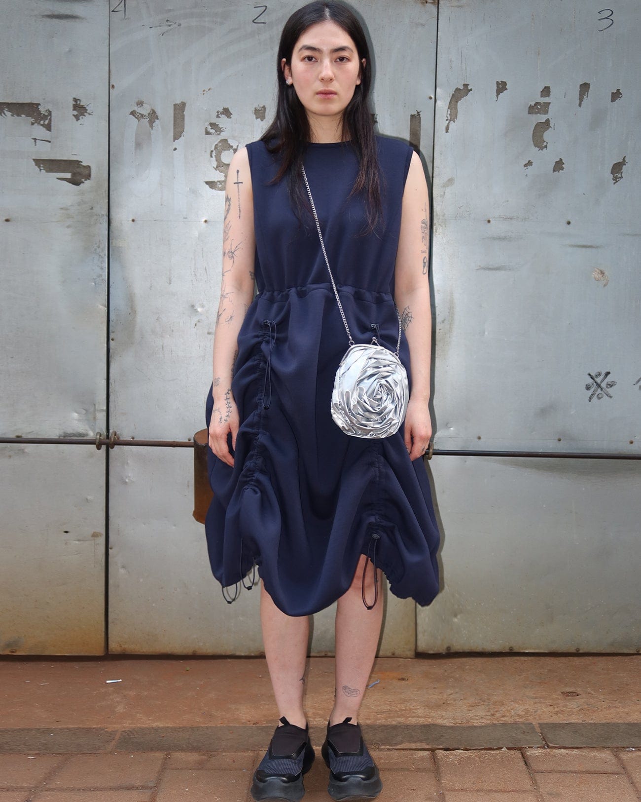 JERSEY SHIRRING DRESS NAVY-SAENGIN STUDIOS-APOC STORE