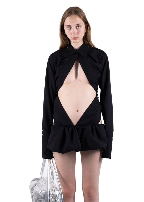 DRAPED WOOL SHIRT DRESS IN BLACK-Urte Kat-APOC STORE