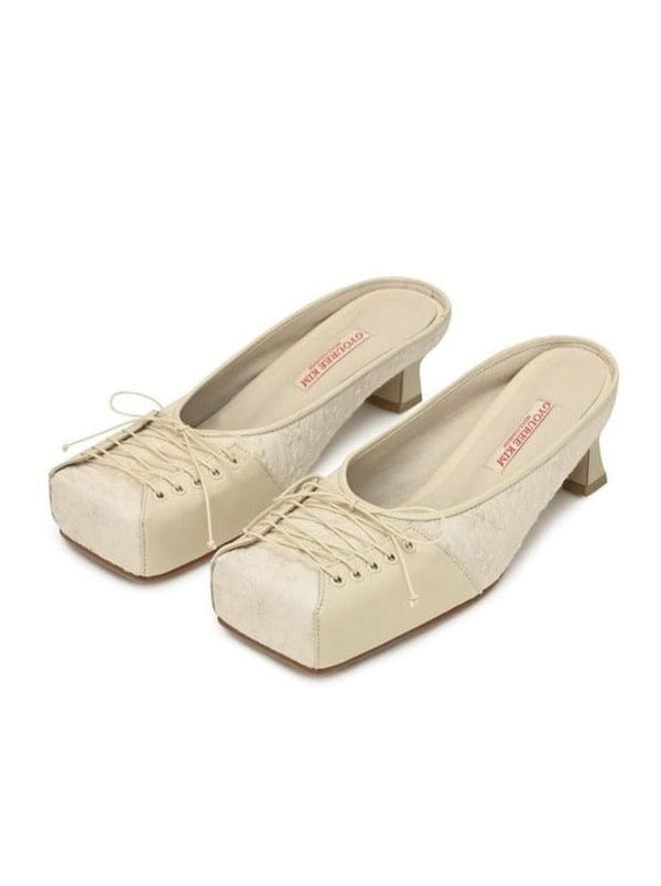 SQUARE LACE MULE CREAM 4CM-Gyouree Kim-APOC STORE