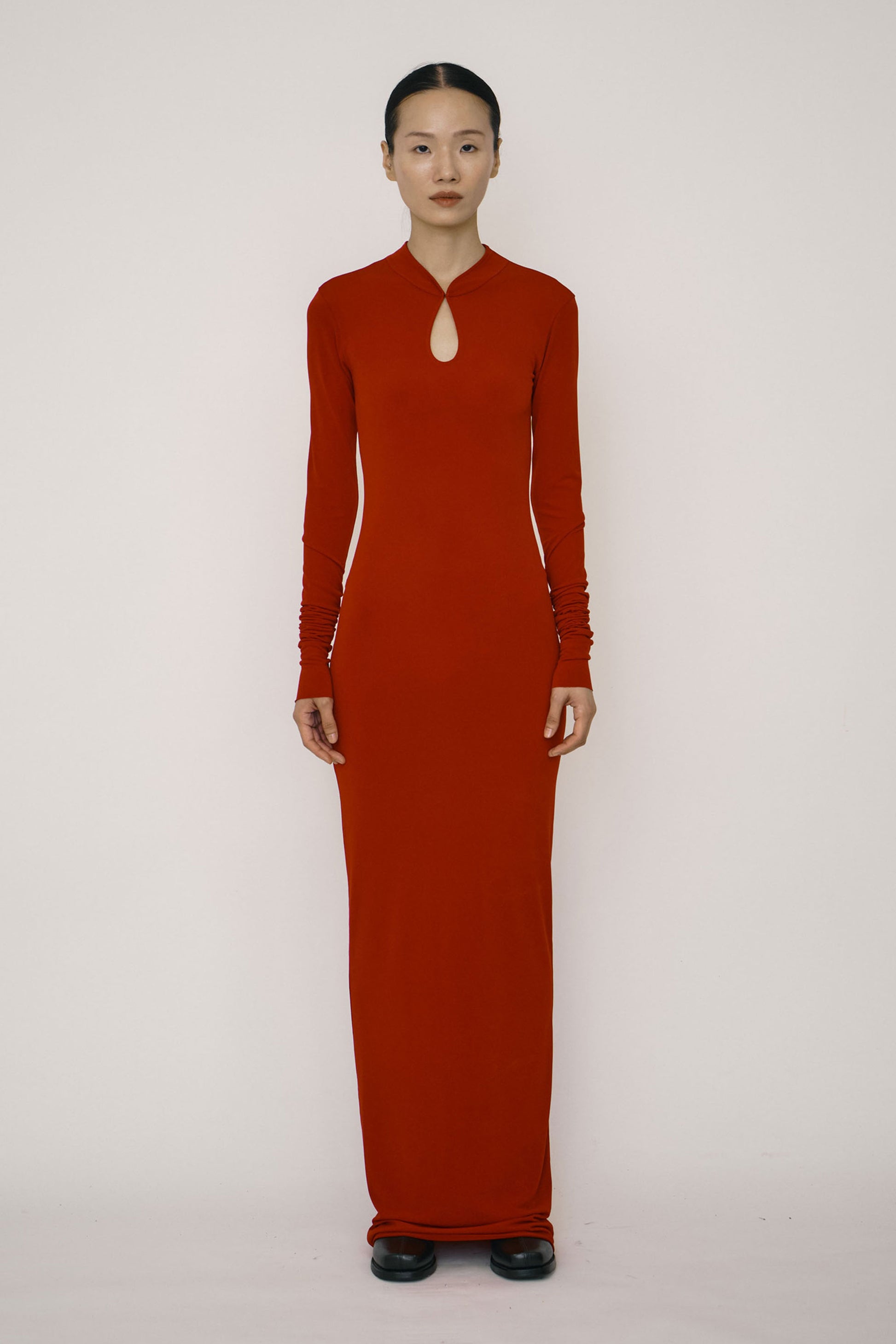 Red Skinny Long-Sleeve Mandarin Collar Maxi Dress-arc us arkus-APOC STORE