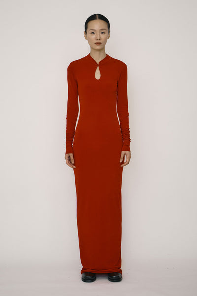 Red Skinny Long-Sleeve Mandarin Collar Maxi Dress-arc us arkus-APOC STORE