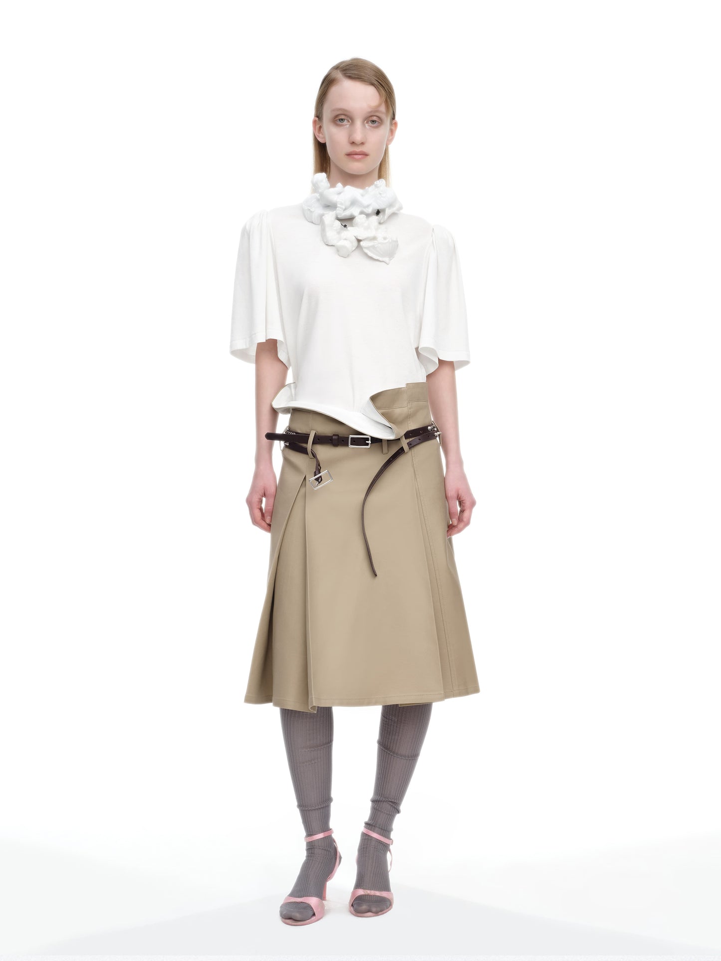 White Victorian Ruched Tee with Detachable Shoulder Pads-TRINITE Studio-APOC STORE